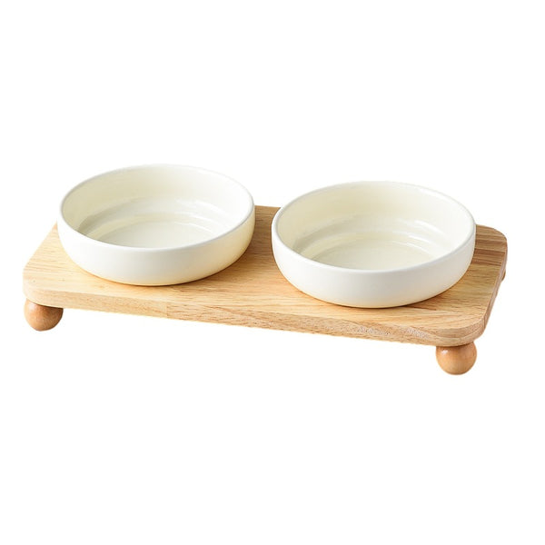 Ceramic Cat Bowl with Bamboo Wood Stand