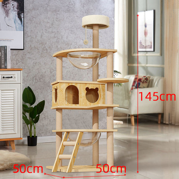 145 CM Wood Modern Cat Tree with condo and plush lookout