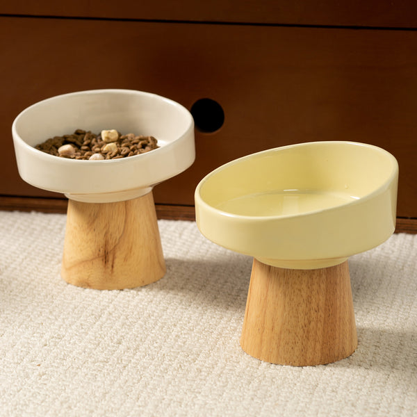 Double Ceramic Pet Bowls With 15° Tilted Raised Wooden Stand