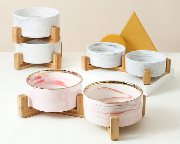Marble-Patterned Ceramic Cat Dog Bowl Dish With Wooden stand （Grey and Pink）
