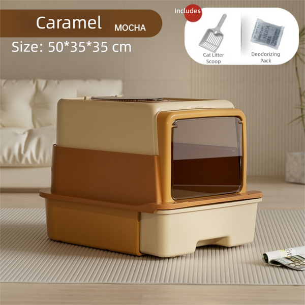 Enclosed Cat Litter Box with Lid & Drawer-Brown