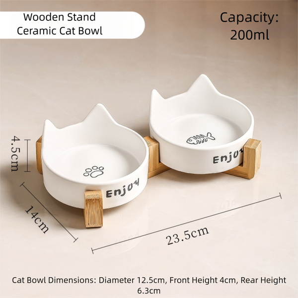 Cat-Shaped Bowl With Wooden Stand For Kitten