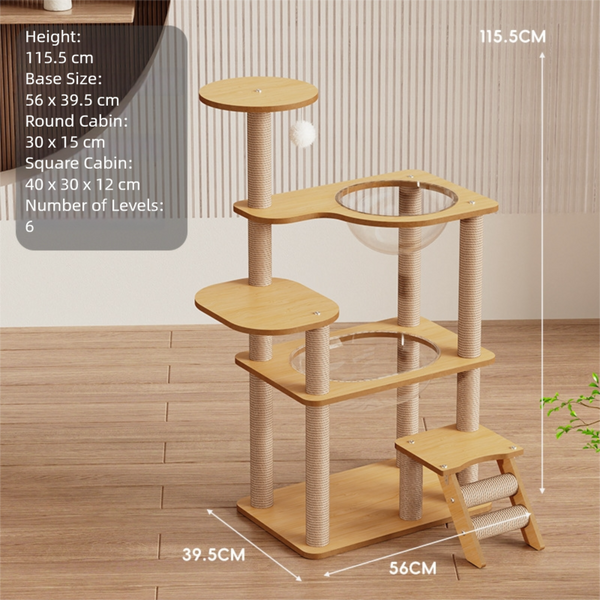 115CM Tall Wooden Cat Tree With Two Space Capsule